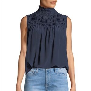 Frame smocked neck sleeveless silk blouse in navy